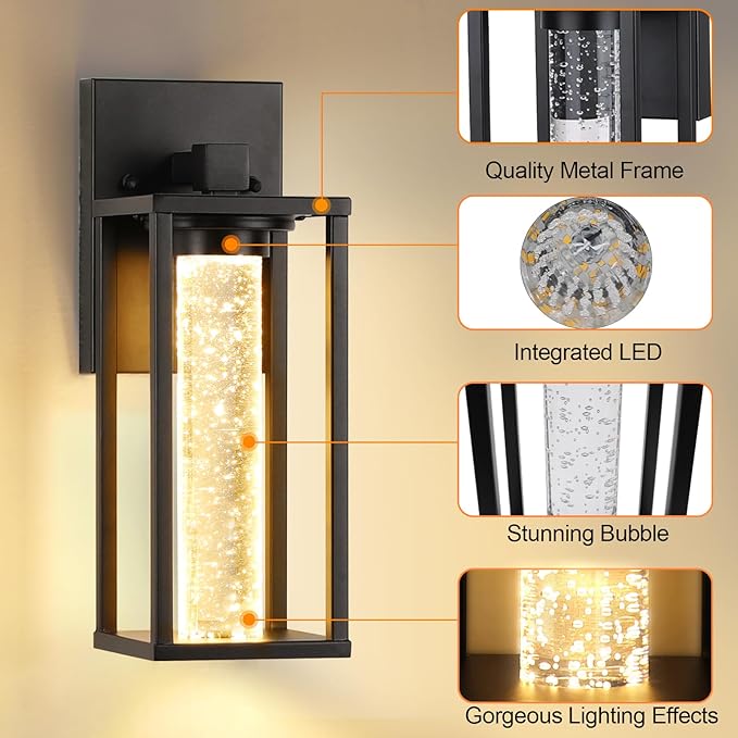 WIHTU Outdoor Light Fixture, LED Exterior Lighting Fixtures with Crystal Bubble, Matte Black Waterproof Outdoor Porch Lights for House, 2 Pack Outside Sconce Lighting for Patio Garage