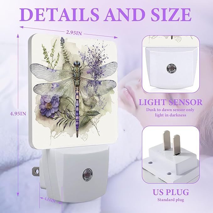 Watercolor Dragonfly Night Light, Plug-in Night Lights with Dusk-to-Dawn Sensor for Bedroom,Bathroom and Living Room Sleep Friendly lamp 0.5w