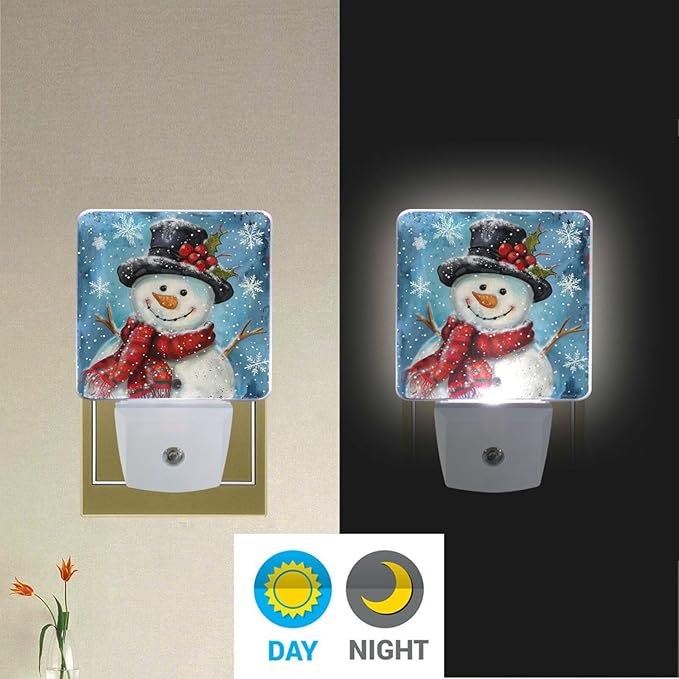 Vdsrup Winter Snowflakes Snowman Night Light Set of 2 Christmas Holly Berry Plug-in LED Nightlights Auto Dusk-to-Dawn Sensor Lamp for Bedroom Bathroom Kitchen Hallway Stairs
