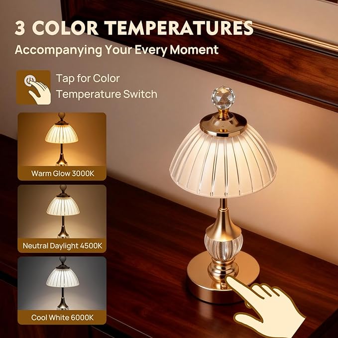 Vintage Gold Crystal Rechargeable Lamp Cordless, LED Touch Battery Operated Table Lamp, 3 Colors Dimmable Portable, Modern Home Decor, Bedroom, Bedside, Living Room, Kitchen, Pumpkin