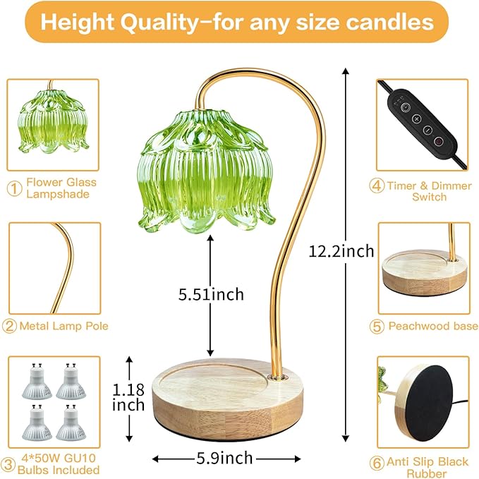 Dimmable Flower Candle Warmer Lamp, Green Candle Warmer with Timer & 4Bulbs, Birthday Chirstmas Gifts for Women Mom, Unique Home Decor for Bedroom Fits All Jar Candle