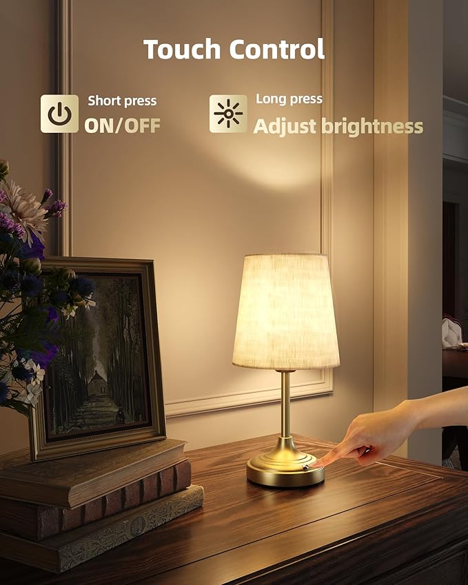 Cordless Table Lamp, 8000mAh, Ambient Light, Dimmable, Touch Control, 2700K, Small, Portable, LED, Wireless, Rechargeable, Cordless, Desk Lamp, Kitchen Lamp, Fabric Shade, for Dining Room, Bedroom