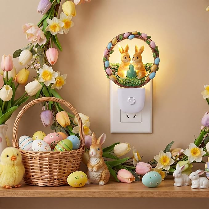 VIHOSE Easter Night Light Easter Bunny Light Decoration Plug into Wall LED Nightlight Resin Egg Wreath Flower Bunny Decorative Lamp for Spring Indoor Bedroom Room Home Nursery Rabbit Lighting Gifts