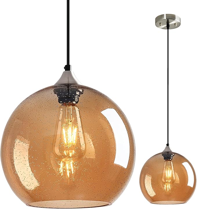 Amber Glass Pendant Lights Kitchen Island Globe Pendant Light Fixtures Modern Pendant Lighting for Bedroom Living Dining Room Light Fixture (9.84 in, 1 Pack)