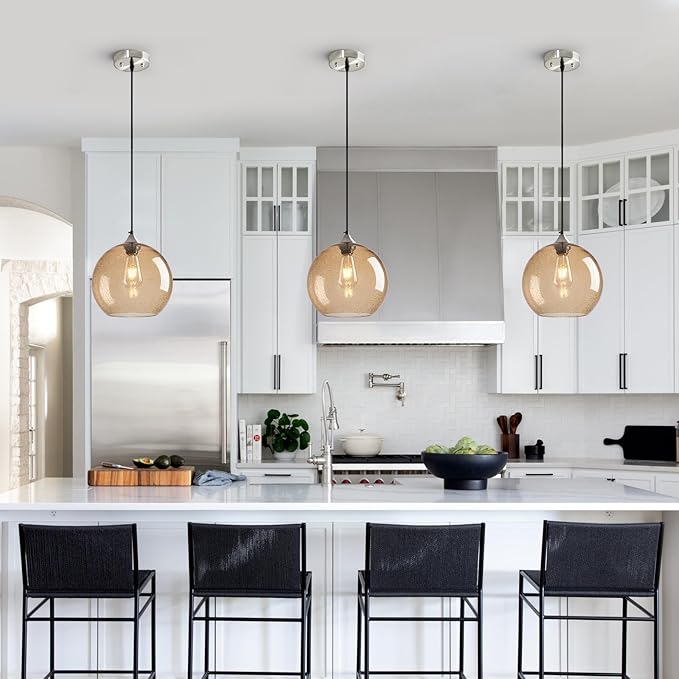 Light Brown Glass Pendant Lights Kitchen Island Globe Pendant Light Fixtures Modern Pendant Lighting for Bedroom Living Dining Room Light Fixture (9.84 in, 3 Pack)