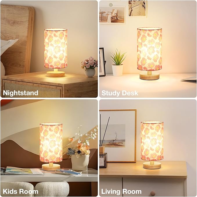 Fenmzee Cherry Table Lamp for Bedroom - Inline Control, Small Bedside Lamp with 3000K A15 LED Blub, Easy Assembly (Cherry Cream Shade, 9" Inline Control)