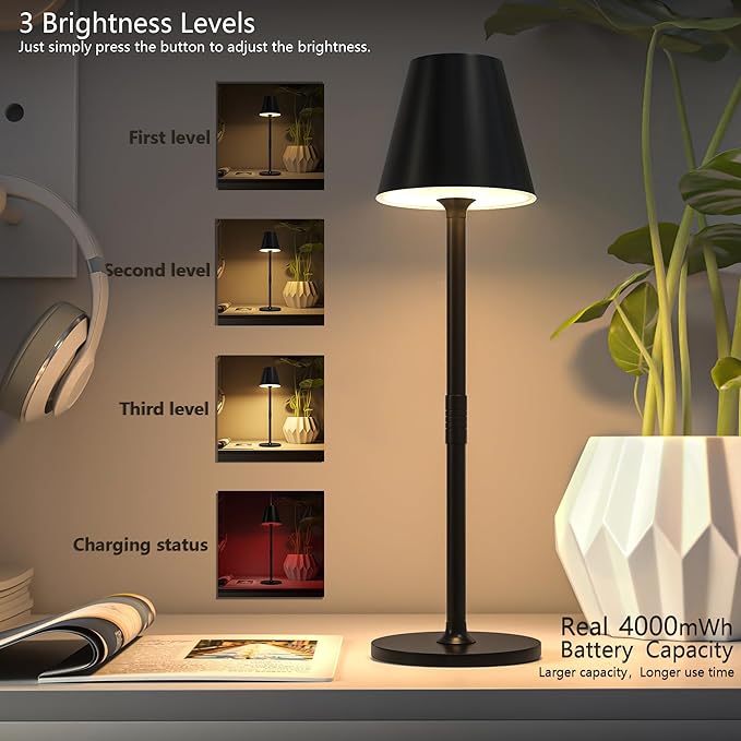 4-Pack Cordless Table Lamps - 5000mAh Rechargeable Battery Operated Desk Lamp, 3-Level Dimmable LED Night Light for Bedroom, Dining, Restaurant - Metal Design(Black 4pack)