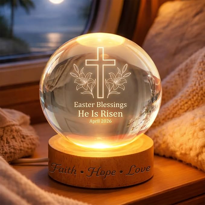 Christian Easter Cross Crystal Ball LED Night Light, He is Risen Engraved Glass Globe Lamp with Wooden Base, Faith Hope Love Religious Easter Blessing Gift April 2026 Decor