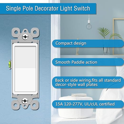 Greencycle 10 Pack Lights Switches Rocker,15 Amp Single Pole Lights Switches White,SP Paddle Light Switch,120V-277V AC,On/Off Wall Switch,Residential/Commercial Grade,Home & Office,UL Listed