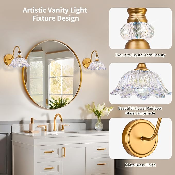 1 Piece Vintage Wall Sconce with Floral Rainbow Glass Shade, Matte Brass Finish Wall Mount Lighting for Bathroom,Vintage Bathroom Vanity Light Fixtures