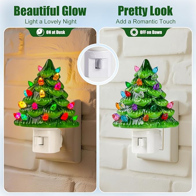 Brightown Ceramic Christmas Tree Night Light - 2 Pack 5.2" Christmas Decorative Ceramic Tree with ON/Off Switch, Vintage Christmas Night Light for Bedroom Bathroom Living Room Porch Holiday Decor