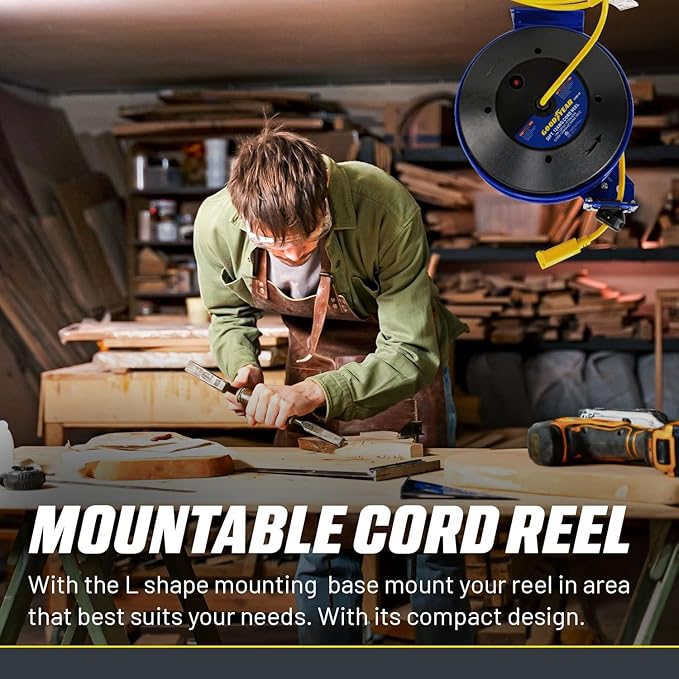 Goodyear Retractable Extension Cord Reel – Heavy-Duty Commercial Cable with Triple Tap Connector, Auto-Rewind & Wall/Ceiling Mountable (Industrial, 12AWG x 80 ft)