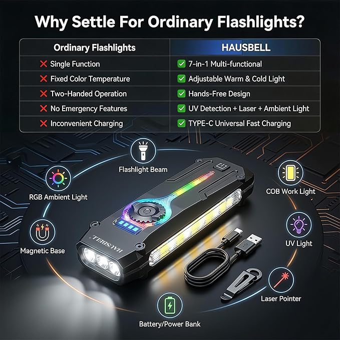 HAUSBELL Flat EDC Flashlight 1800 High Lumens, Stainless Steel Rechargeable Pocket Light with UV Blacklight, Red Light for Cats, Arrow-Shaped RGB Beacon, Magnetic Work Light, USB-C Stepless Dimming