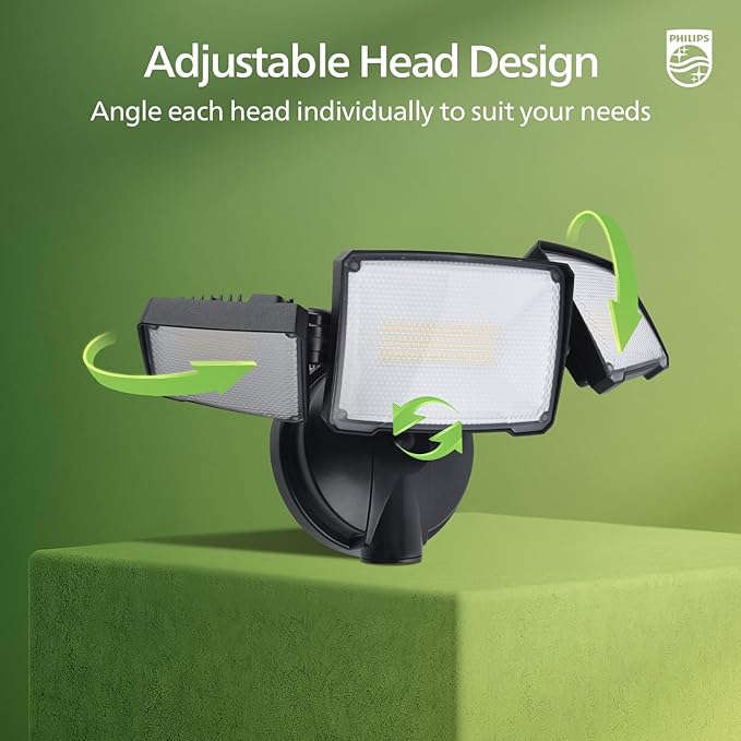 Philips 72W 7400LM LED Flood Lights Outdoor, Switch Controlled Aluminum Security Lights, 3 Adjustable Heads, Wall Mount, 5000K Daylight, Waterproof for Yard, Garage