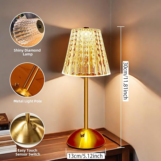 Metal Cordless Table Lamp Touching Control Crystal Lamp, Rechargeable Diamond Table Lamps with 3 Color Changing Light, Table Lamp Modern Style Bedside Lamp for Bedroom,Office,Bar,Wedding