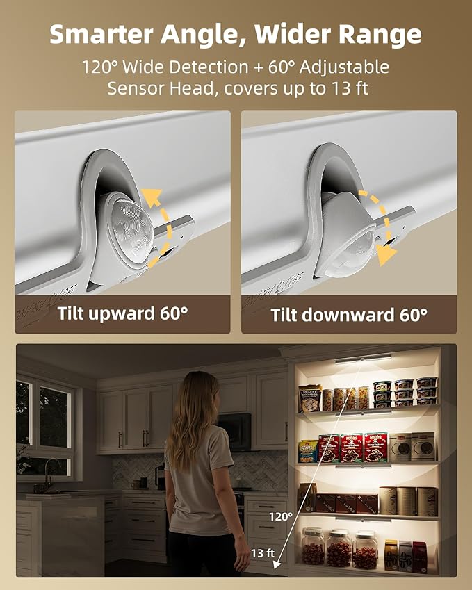 EZVALO 15in Closet Lights with Rotatable Motion Sensor, Rechargeable Under Cabinet Lighting, No-Glare Curved Design, 3 Color Temps & Dimmable LED Lights for Pantry, Wardrobe, Shelf