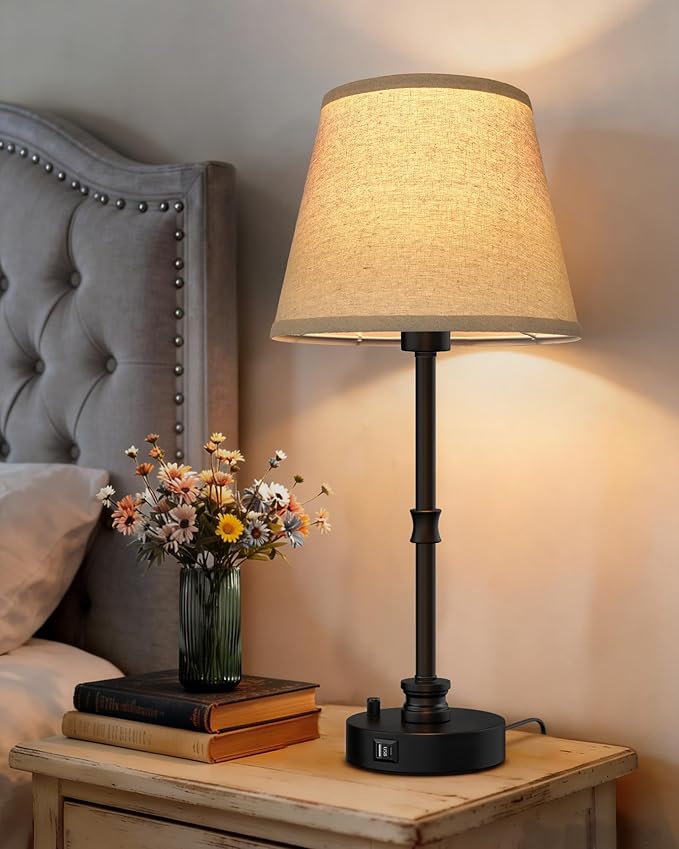 Set of 2 Farmhouse Table Lamps with Linen Shades, 23.8" Bedside Lamps with USB A+C Charging Ports & Plug-in, 3-Way Rotary Dimming Nightstand Lights for Bedroom Living Room, Rustic Reading Pair