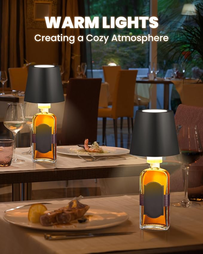 2 Pack Cordless Table Lamp,Wireless Bottle Lamp,3 Level Dimming LED Portable Desk lamp,5000mAh Rechargeable Battery,One-Touch Power Off,Waterproof Outdoor,for Bedroom/Bars/Camping(Black)