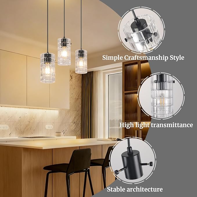 Black Glass Pendant Lights, Pendant Light Fixtures, Pendant Lights for Kitchen Island Living Room,with Meatel Adjustable Hanging Rod,(3 Lights)