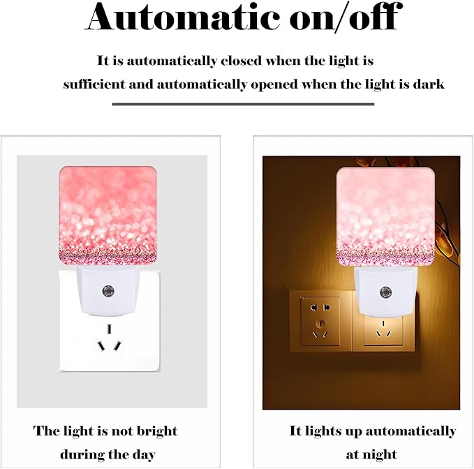Pink Glitter Night Light,Plug Into Wall for Boys Girls Bedroom Decorative Square Night Light Lamp 0.5w Sleep Friendly