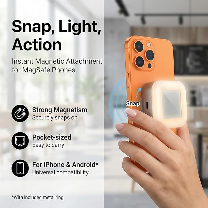 Magnetic Selfie Light Foldable Phone Night with Mirror Rechargeable RGB LED Fill Light Disco Party Mode Portable Ring Light for iPhone Magsafe for Selfies/Photography/TikTok/Zoom Calls (White)