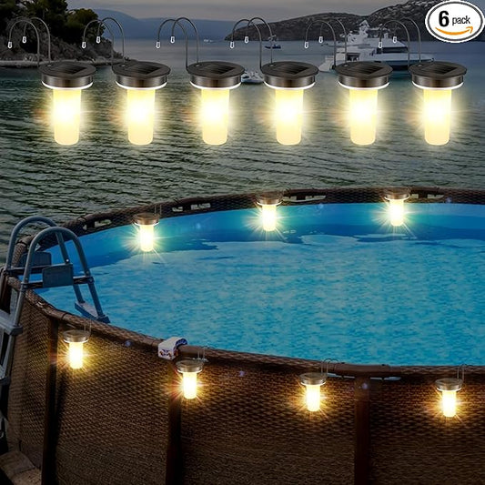 VIHOSE 6 Set Waterproof Above Ground Pool Solar Lights LED Warm Night Hanging Light with Hooks for Outdoor Outside Fence Yard Pool Accessories Must Have, Easy-to-use