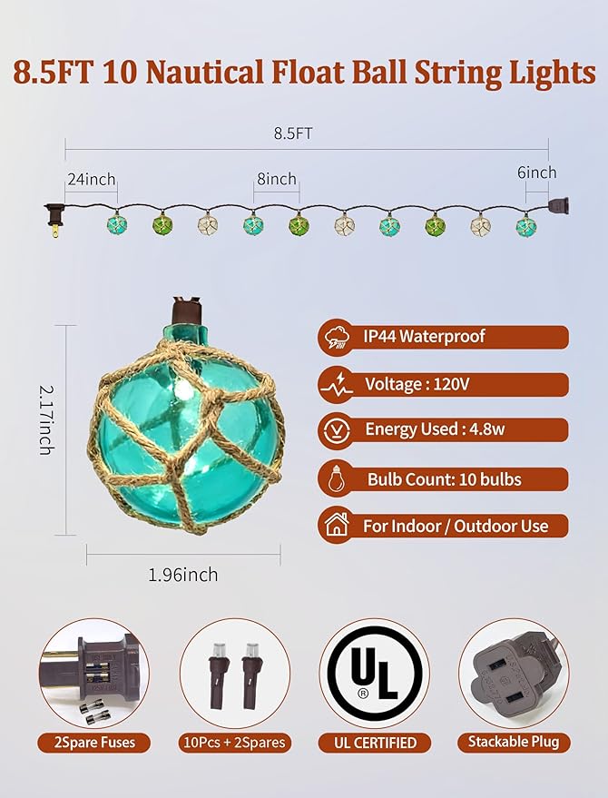8.5Ft Nautical Fishing Float String Lights, Beach Themed Buoy Lights Set of 10 LED Tiki Bar Lights Indoor Home Decor and Outdoor Patio Decorations-Blue/Green/White