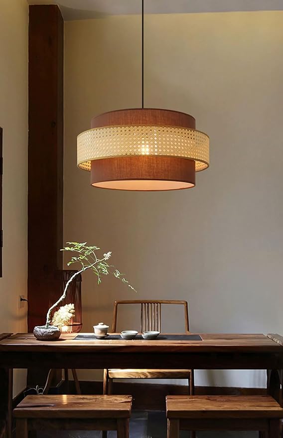 LIGHTLAND Rattan Farmhouse Pendant Light Fixture, Hand Woven Dining Room Pendant Light with Fabric Shade, Rustic Pendant Hanging Light Fixture for Kitchen Island Rattan Pendant Lighting 20''