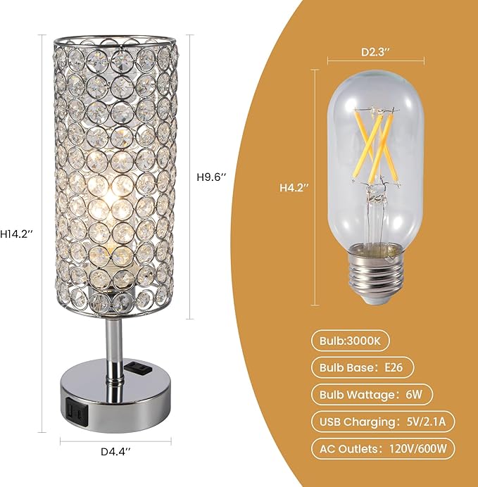 Crystal Table Lamp Set of Two Chrome Dimmable USB Charging Touch Control Bedside Lamps for Night Stands Bedroom Living Room (Bulb Included)
