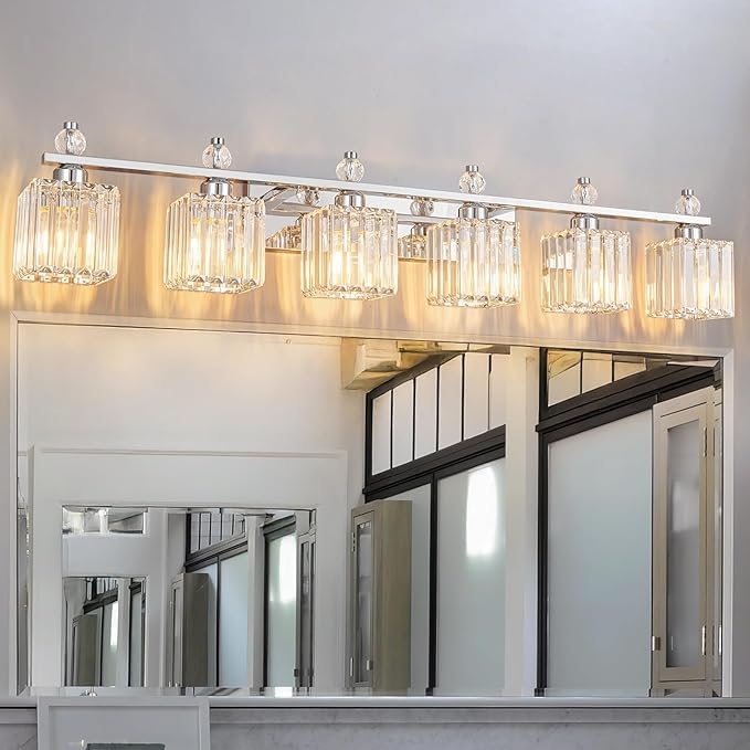 Vanity Lights 6-Light Modern Crystal Vanity Light Chrome Bathroom Light Fixtures Over Mirror Crystal Bathroom Vanity Lighting Fixtures