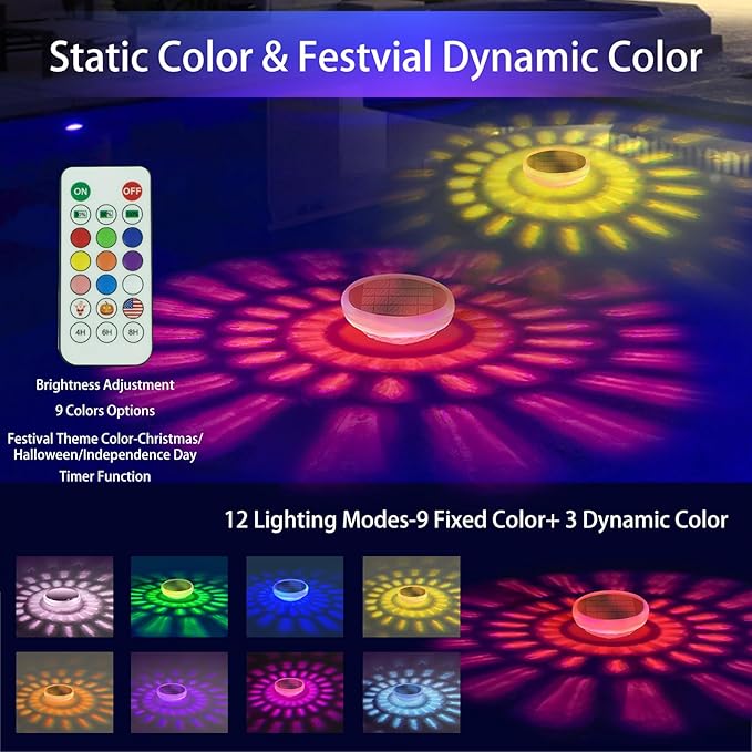 Solar Floating Pool Lights, 9 Fixed Colors ＆ 3 Dynamic RGB Color Changing, IP68 Waterproof LED Solar Pool Lights with Remote Control for Pool Fountain Garden Ponds Decor (2 Pack)