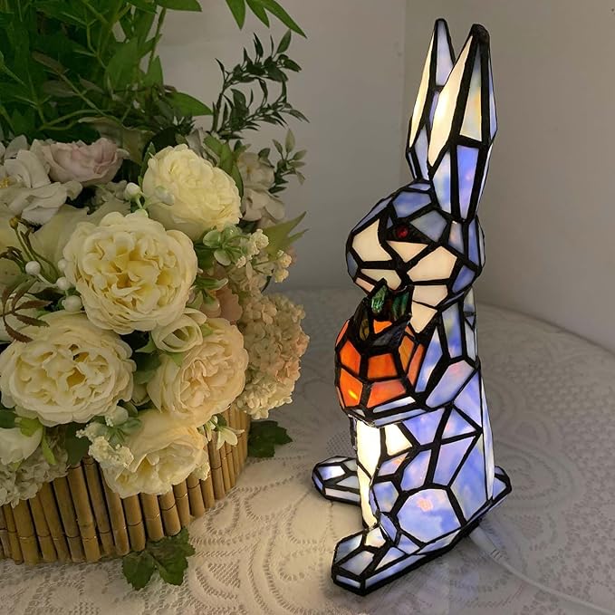 Bieye L10885 Rabbit Holds Carrot Tiffany Style Stained Glass Accent Table Lamp for Home Decor (Blue)