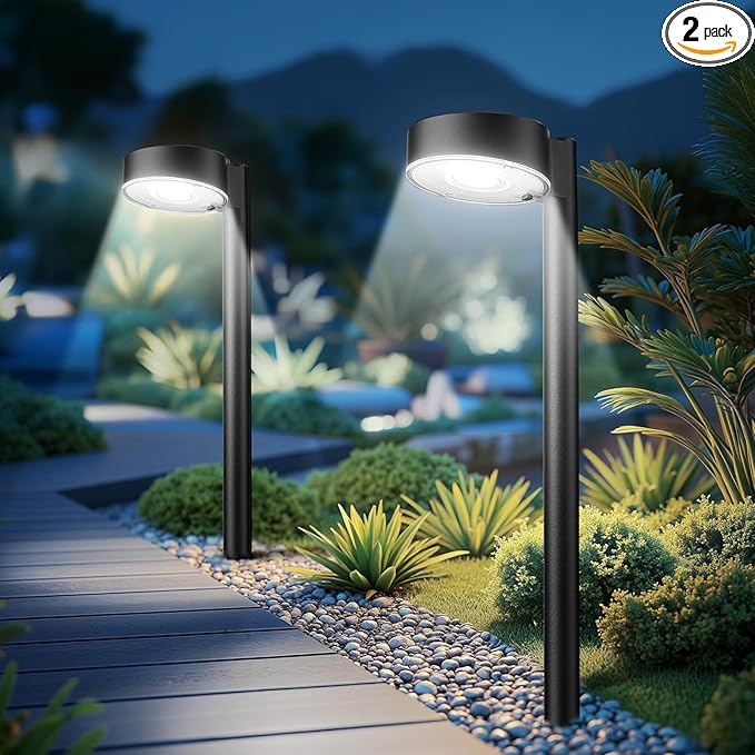 2 Pack Solar Pathway Lights Outdoor, 12 Brighter LED Solar Lights Outdoor Waterproof, Up to 12 Hrs Modern Path Light for Yard Garden Walkway Driveway Lawn, Cool White