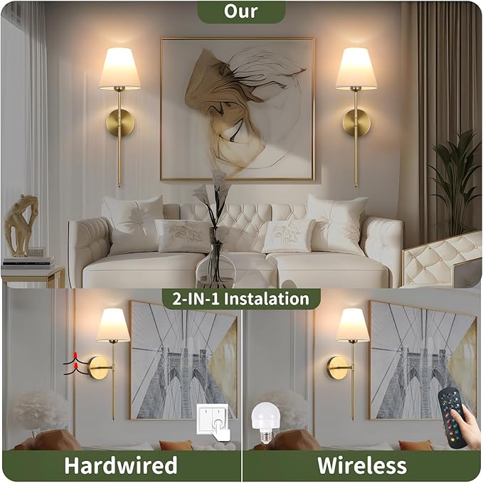 Battery Operated Wall Sconce Set of 2, 15 Colors Wireless Wall Light With Dimmable Remote Control Last 18-50 Hours, Gold Rechargeable Wall Lamp With White Fabric Shade For Living Room Bedroom Hallway