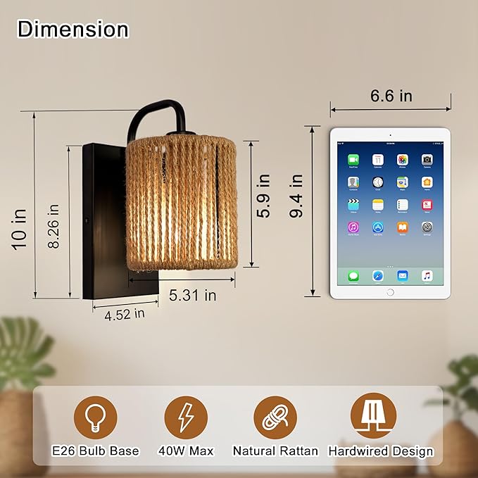 Boho Wall Sconce, Rattan Wall Light Fixtures with Hemp Rope Sconces for Living Room Bathroom Hallway Rustic Bohemian Modern Woven Scocne E26 10inch