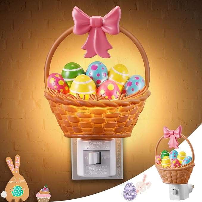 Easter Basket Egg Decorative Nightlight, Easter Cute Resin Plug in Light, 3D Egg Bow Basket Lamp Spring Indoor Bedroom Bathroom Home Decor Lighting Gifts for Kids, Holiday Lamp by C7 LED Bulb