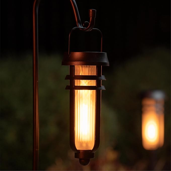 FoxFlame Metal Solar Torch Lights-Adjustable Height (24"-50"), Outdoor Garden Decor with Patented LED, Waterproof Solar Tiki Torches for Yard,Patio,Garden Pathway,Matte Black–2 Pack
