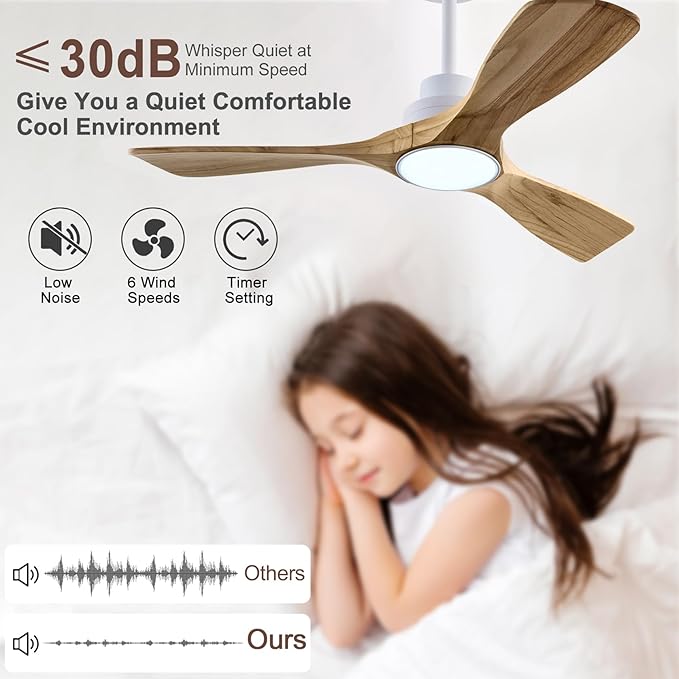 42" Wood Ceiling Fan with Lights Remote Control,Quiet DC Motor 3 Blade Ceiling Fans for Patio Living Room, Bedroom, Office,Indoor Outdoor(Raw wood+White)