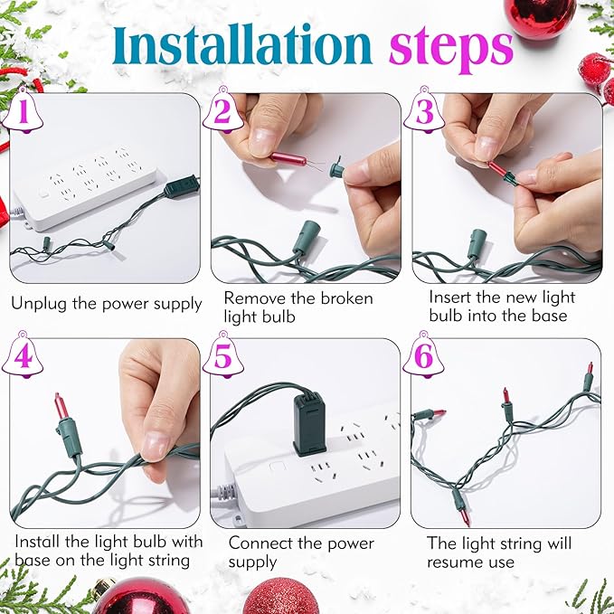Mudder 60 Count Christmas Tree Replacement Light Bulbs 2.5v 0.425 Watt Replacement Bulb Mini Incandescent Wire String Lights Decoration for Prelit Xmas Tree(Green Base with Pastel Color Bulb)