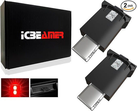 ICBEAMER Type C Adapters USB Ambient Light - 2 pcs (Red) | Smart Interface, Miniature LED Night Lights for Car Interior, Trunk, Van, Pickup, Easy Plug-in, Ideal for Night Driving.