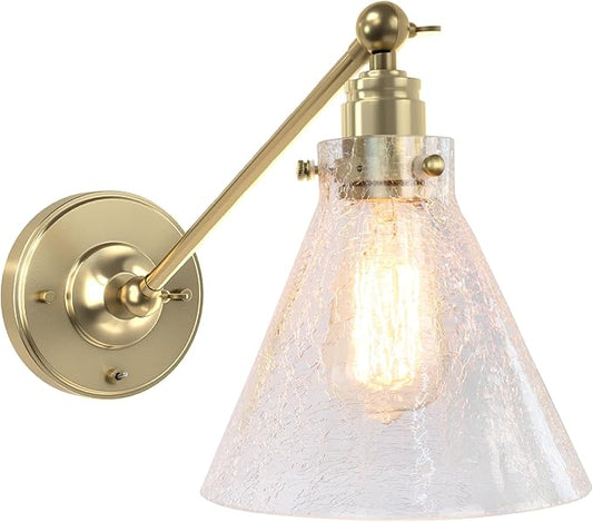 Industrial Vintage Slope Pole Wall Mount Single Sconce with Funnel Flared Clear Glass Shade, Swing Arm Wall Sconce Light Lamp Fixture Hardwired