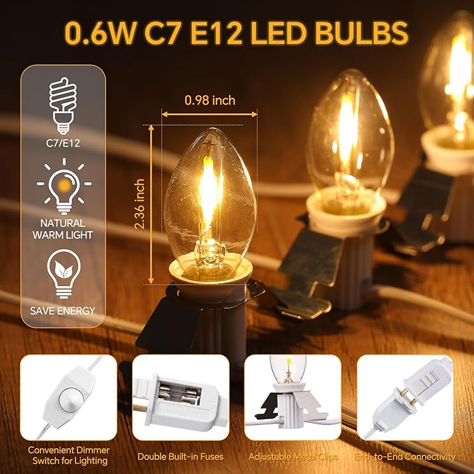 Leelosp 1 Pack Accessory Cord with 20 LED Light Bulbs 36.1 FT Lamp White Cord C7 Bulb String Lights Adjustable Brightness End-to-End Connectable Switch for Christmas Village