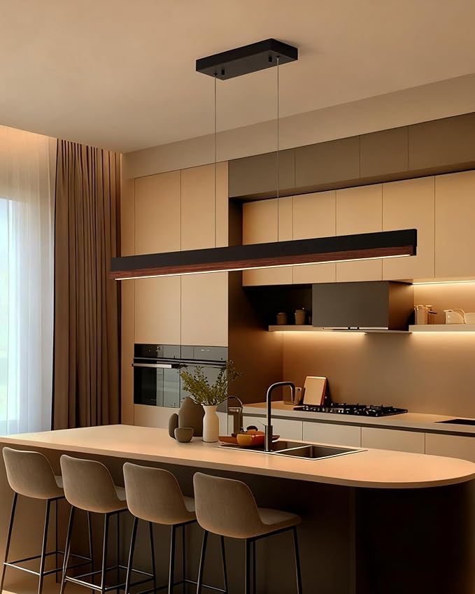 39" Wood Linear Pendant Light, 24W LED Hanging Pendant Light, Dimmable Kitchen Island Lighting with Remote, Adjustable Linear Chandelier for Dining Room, Kitchen Island, Bar, Office-Walnut