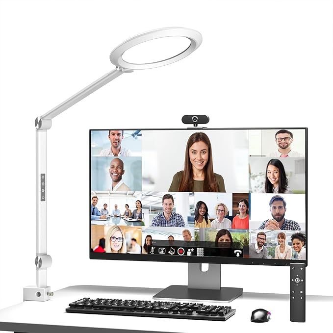 VERSKI LED Desk Lamp for Video Conferencing, Webcam Light, Reading Light, Dimmable 4 Color Modes, 18W Desk Light, Clip on Light, Eye Care Zoom Light, for Home Office and Office Use, White