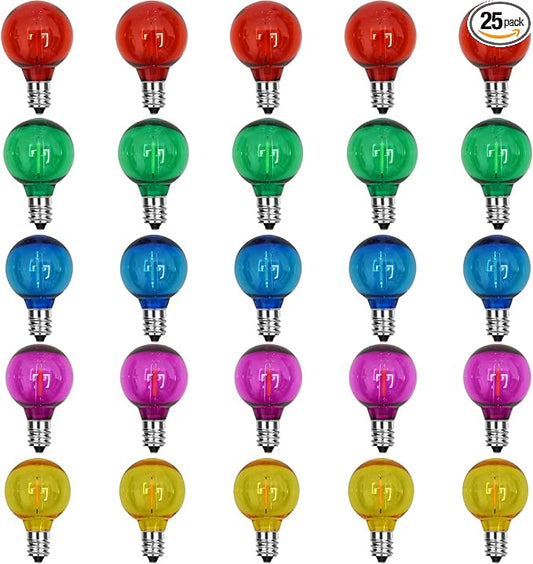 25 Pack G40 Multicolor Led Replacement Bulbs, E12/C7 Candelabra Base LED Shatterproof Globe Bulbs for Outdoor Christmas String Lights, 0.6W Energy-Saving Night Light Bulbs, 2700K Warm White