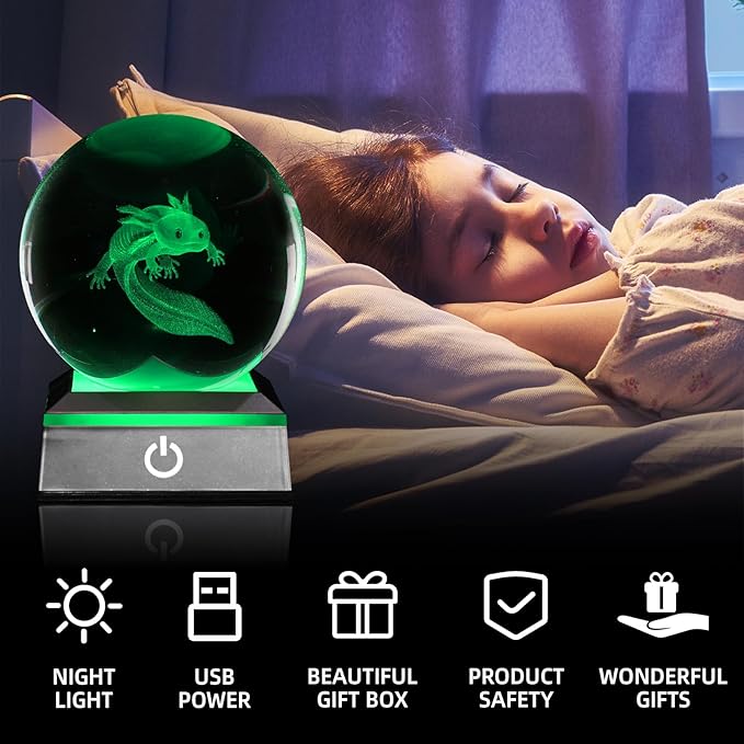 3D Axolotl Crystal Ball Night Light 3.15 inch Glass Ball Table Lamp with Color Changing Touch Base Axolotl Decor Ideal Gifts for Friends Kids Christmas Birthday