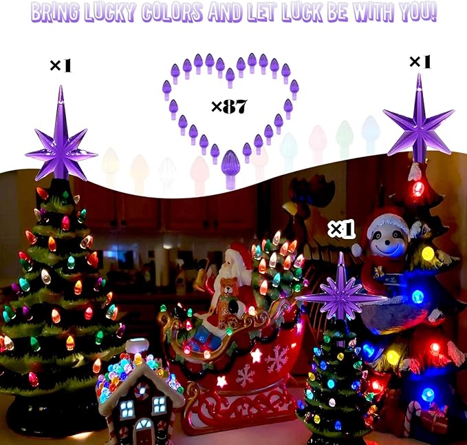 Ceramic Christmas Tree Replacement Lights Bulbs, Purple Medium Twist Plastics Pegs Ornaments for Ceramic Tree(87 Bulbs＆ 3 Topper Star)