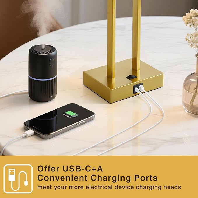 GyroVu 25.5" Nightstand Table Lamps for Bedrooms Set of 2, Bedside Lamp with USB C+A, 3 Colors Changeable Living Room Lamp, Modern Night Stand Lamps for Bed Side Guest Room Reading, Gold+White Shade