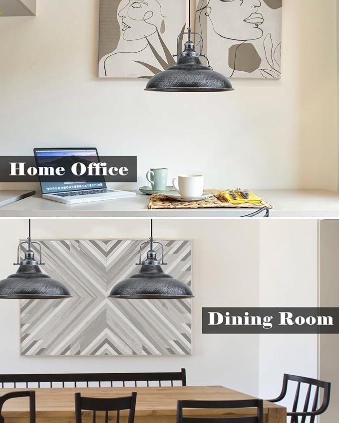 16 Inch Farmhouse Pendant Lights, Black and Silver Pendant Light Kitchen Island, Large Industrial Pendant Lights, Vintage Farmhouse Pendant Light for Kitchen Island, Dining Room (2 Pack)