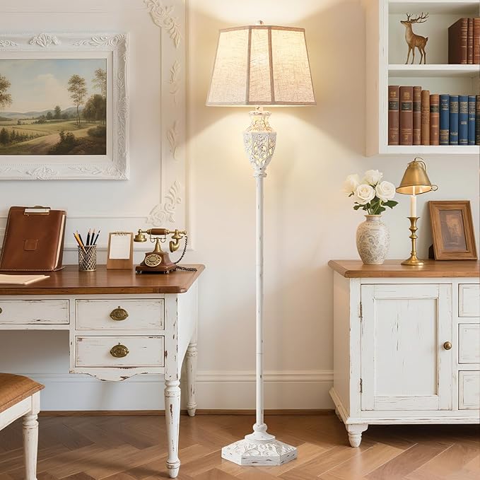Luvkczc Rustic Floor Lamp - Resin Carved Base with Hollow Night Light, Farmhouse Floor Lamps, Vintage Standing Lamp for Living Room, Bedroom (Includes Bulb)